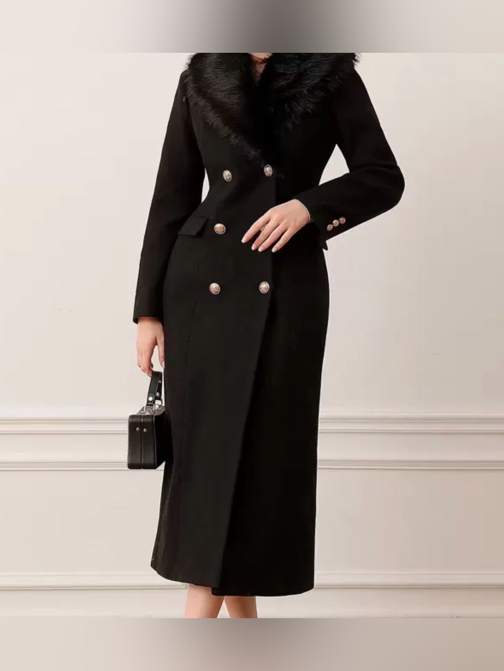 Black Long Coat with Faux Fur Collar
